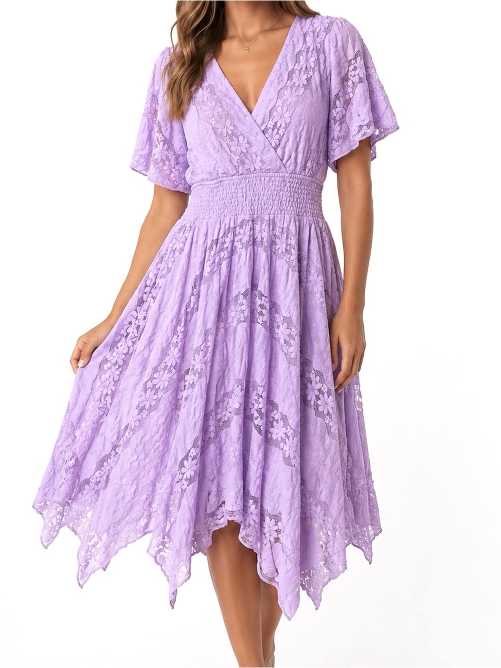 Rabbit Rabbit Rabbit Lavender Lace Overlay Handkerchief Hem Midi Dress 14
